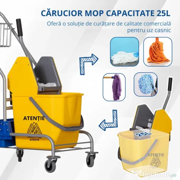 HOMCOM Cărucior Profesional de Curățenie cu Coș Suspendat, Raft, Găleată de 25 L și Cârlig, 72x49,5x95 cm, Galben