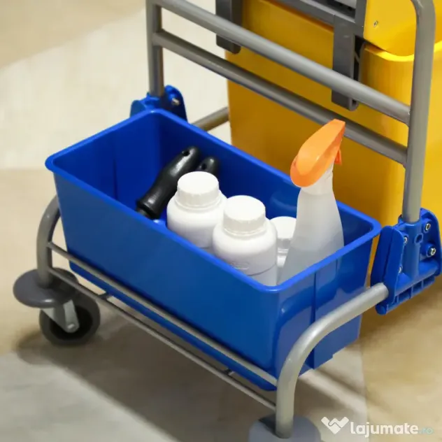 HOMCOM Cărucior Profesional de Curățenie cu Coș Suspendat, Raft, Găleată de 25 L și Cârlig, 72x49,5x95 cm, Galben