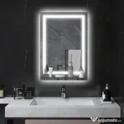 Kleankin Oglindă de Baie cu Lumini LED în 3 Culori Reglabile și Raft din Sticlă, 50x12x70 cm, Argintiu | Aosom Romania