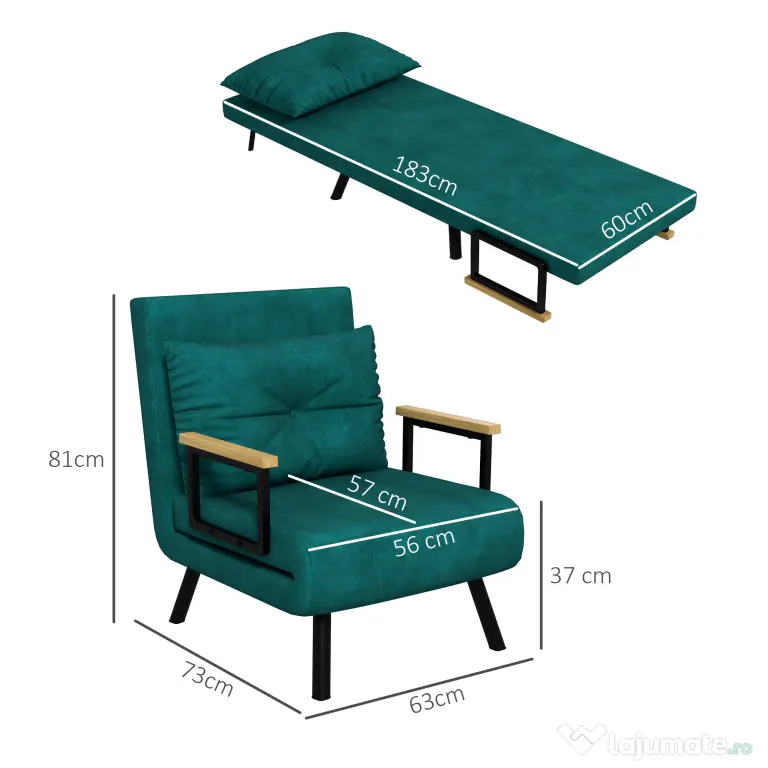 HOMCOM Canapea Extensibilă cu Spătar Reglabil pe 5 Nivele, Canapea Pat Individuală Pliabilă cu Perne, 63x73x81 cm, Verde | Aosom Romania