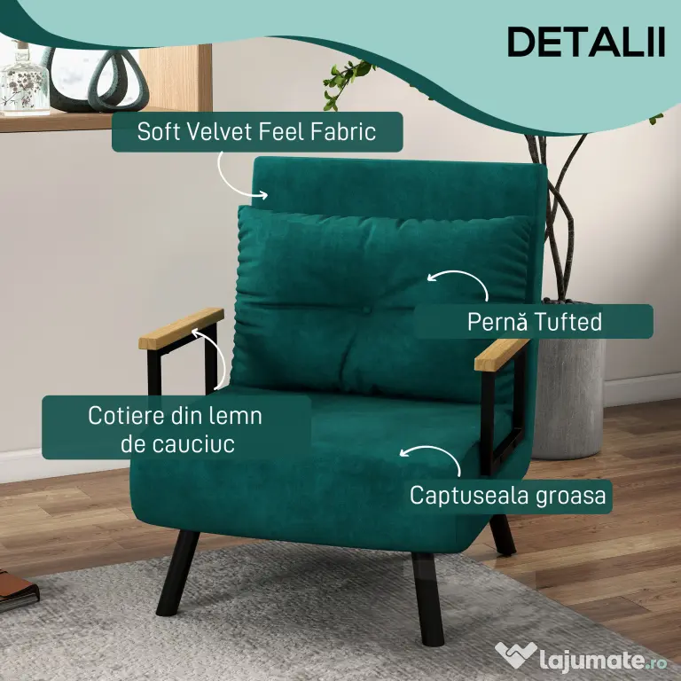 HOMCOM Canapea Extensibilă cu Spătar Reglabil pe 5 Nivele, Canapea Pat Individuală Pliabilă cu Perne, 63x73x81 cm, Verde | Aosom Romania