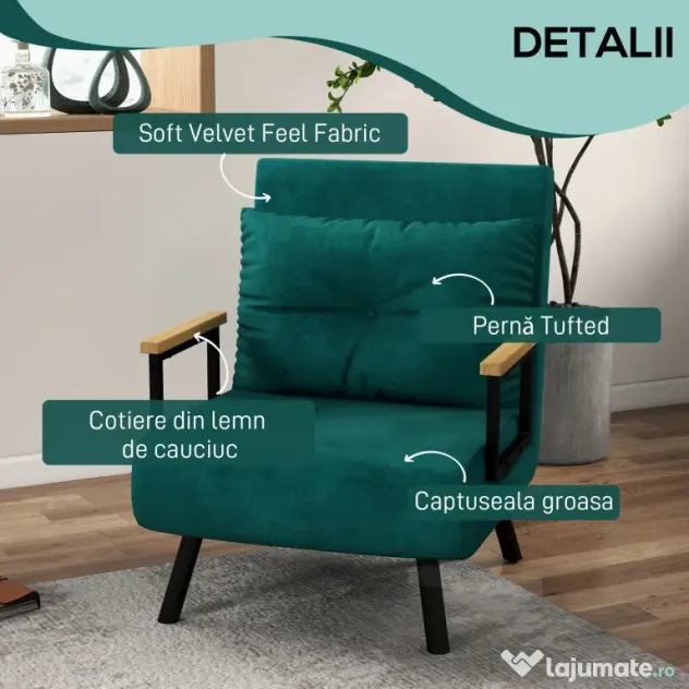 HOMCOM Canapea Extensibilă cu Spătar Reglabil pe 5 Nivele, Canapea Pat Individuală Pliabilă cu Perne, 63x73x81 cm, Verde | Aosom Romania