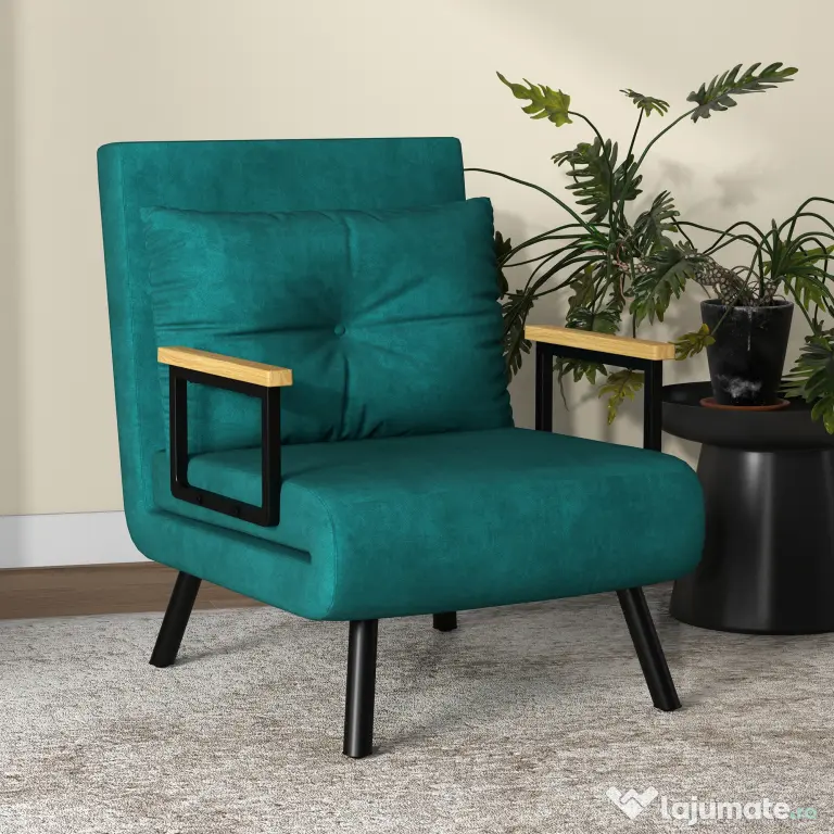 HOMCOM Canapea Extensibilă cu Spătar Reglabil pe 5 Nivele, Canapea Pat Individuală Pliabilă cu Perne, 63x73x81 cm, Verde | Aosom Romania