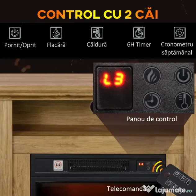 HOMCOM Șemineu Electric cu Efect de Flăcări 3D și Raft, Șemineu Electric cu Oprire Automată, 81,5x30x76,2 cm, Maro | Aosom Romania
