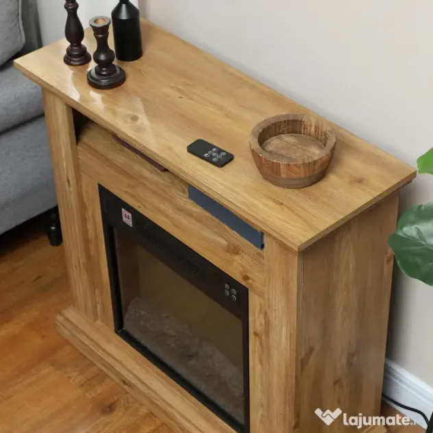 HOMCOM Șemineu Electric cu Efect de Flăcări 3D și Raft, Șemineu Electric cu Oprire Automată, 81,5x30x76,2 cm, Maro | Aosom Romania