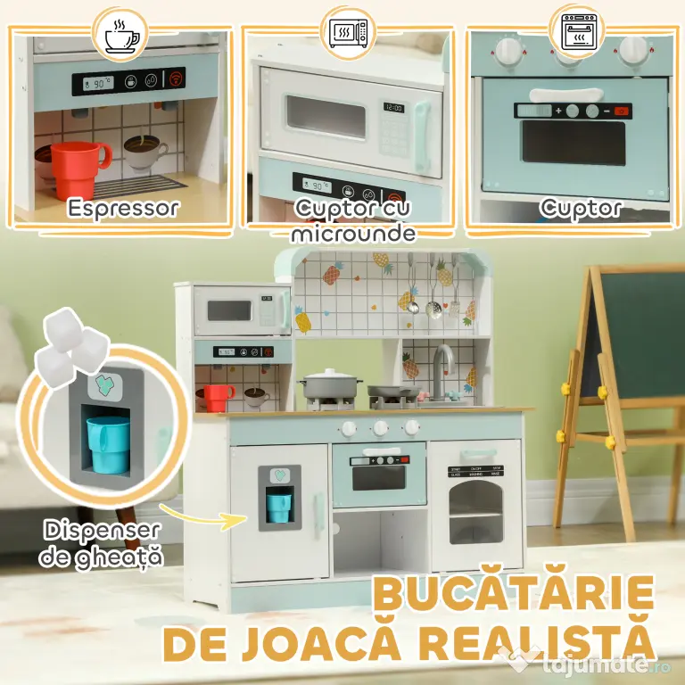 AIYAPLAY Bucătărie de Jucărie pentru Copii de 3+ Ani din Lemn, Aragaz Interactiv, Cuptor și Mașină de Cafea, Albă | Aosom Romania