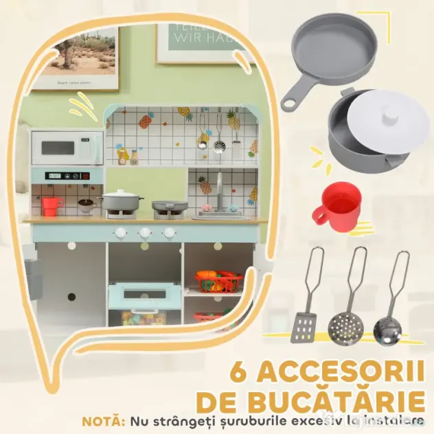 AIYAPLAY Bucătărie de Jucărie pentru Copii de 3+ Ani din Lemn, Aragaz Interactiv, Cuptor și Mașină de Cafea, Albă | Aosom Romania