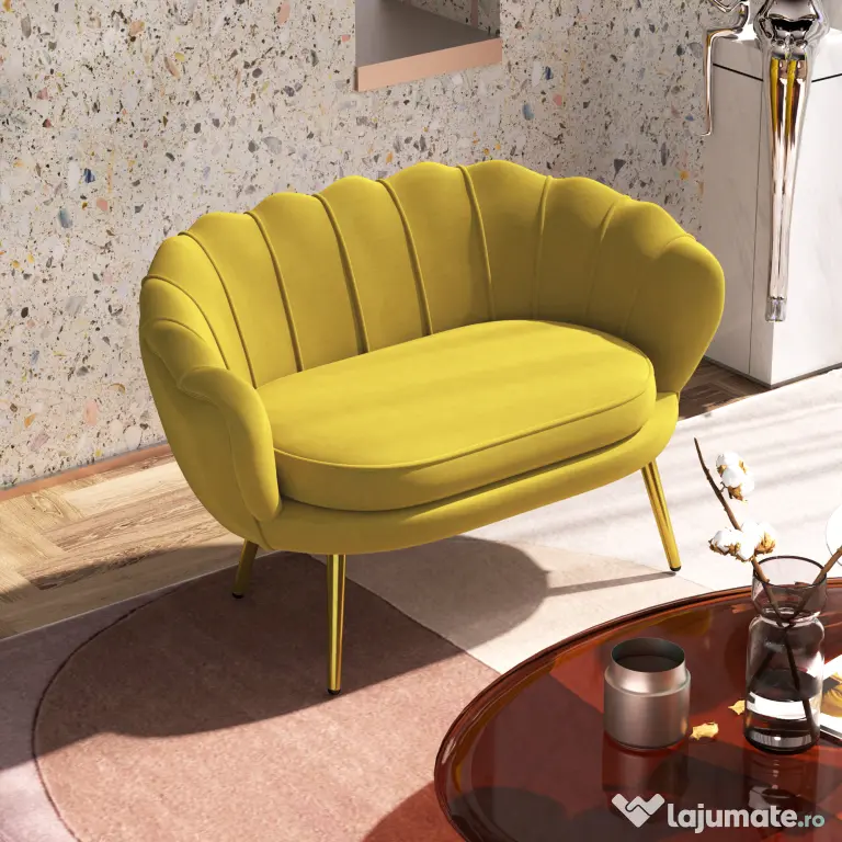 HOMCOM Canapea Modernă de 2 Locuri cu Brațe și Șezut Căptușit, pentru Dormitor și Sufragerie, 130x77x77 cm, Galben | Aosom Romania