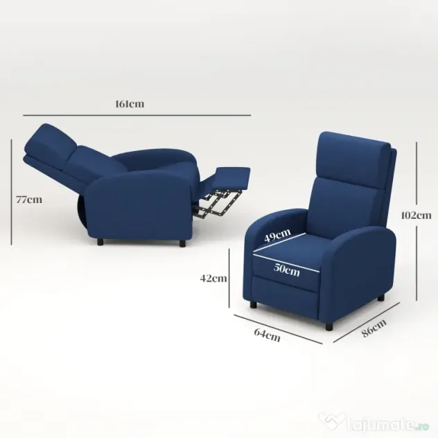 HOMCOM Fotoliu Relax Reclinabil Manual 160° cu Suport pentru Picioare, Fotoliu Reclinabil Tapițat Ergonomic din Material Textil Tip In pentru Dormitor, Birou, Sufragerie, Albastru | Aosom Romania