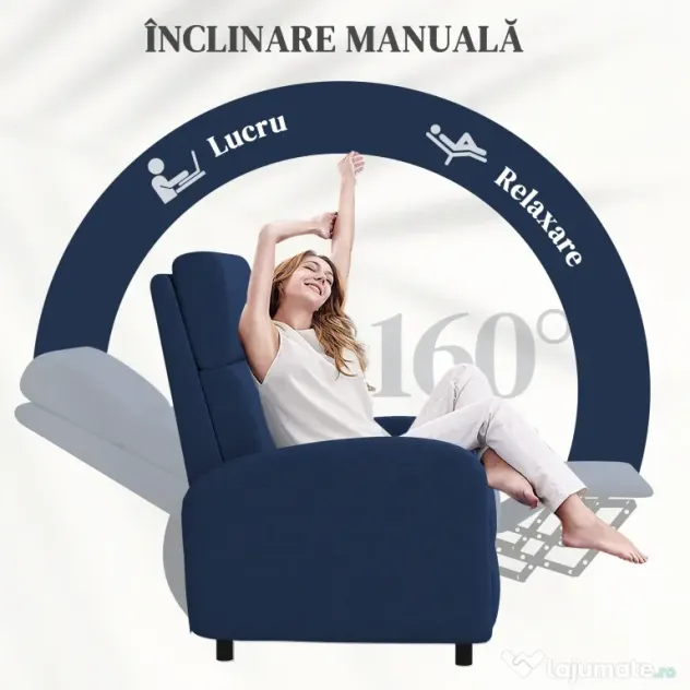 HOMCOM Fotoliu Relax Reclinabil Manual 160° cu Suport pentru Picioare, Fotoliu Reclinabil Tapițat Ergonomic din Material Textil Tip In pentru Dormitor, Birou, Sufragerie, Albastru | Aosom Romania