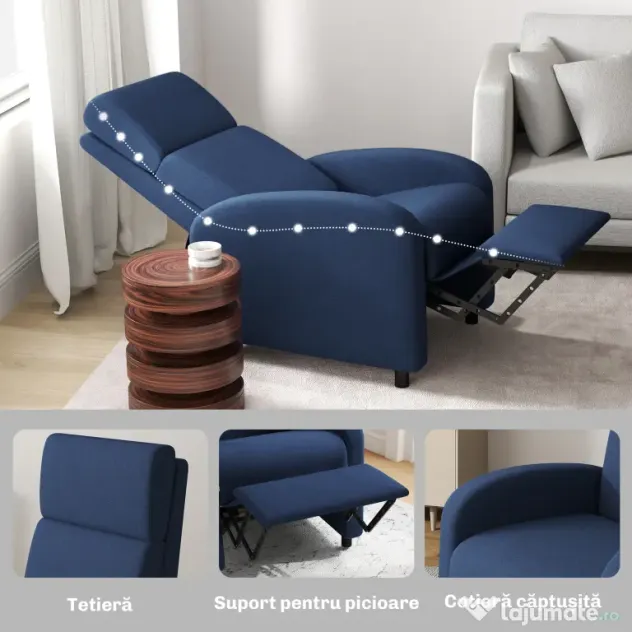 HOMCOM Fotoliu Relax Reclinabil Manual 160° cu Suport pentru Picioare, Fotoliu Reclinabil Tapițat Ergonomic din Material Textil Tip In pentru Dormitor, Birou, Sufragerie, Albastru | Aosom Romania