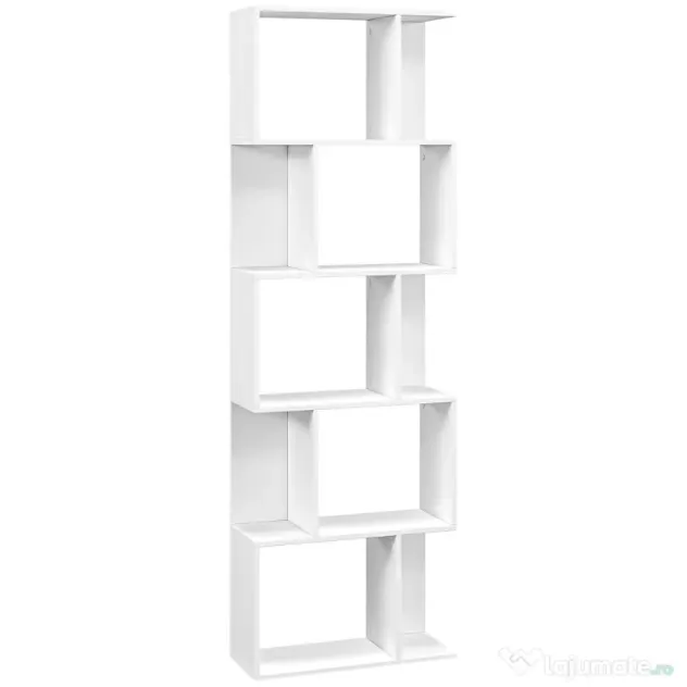 HOMCOM Raft pentru Cărți cu 5 Rafturi Separate, Bibliotecă în Formă de S din Lemn, 60x24x184,5 cm, Alb | Aosom Romania