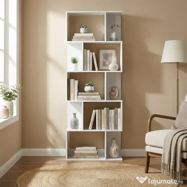 HOMCOM Raft pentru Cărți cu 5 Rafturi Separate, Bibliotecă în Formă de S din Lemn, 60x24x184,5 cm, Alb | Aosom Romania