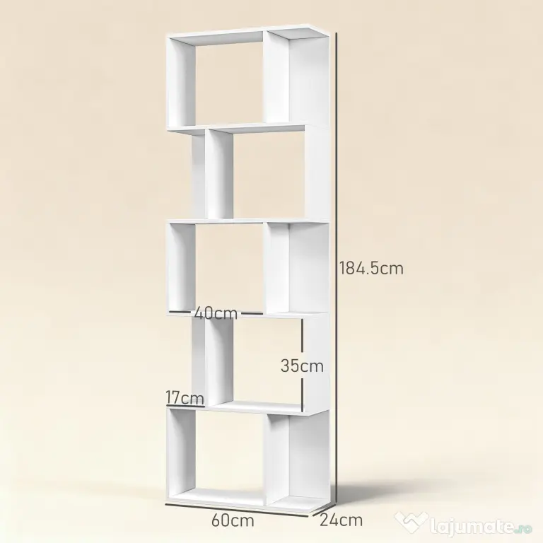 HOMCOM Raft pentru Cărți cu 5 Rafturi Separate, Bibliotecă în Formă de S din Lemn, 60x24x184,5 cm, Alb | Aosom Romania