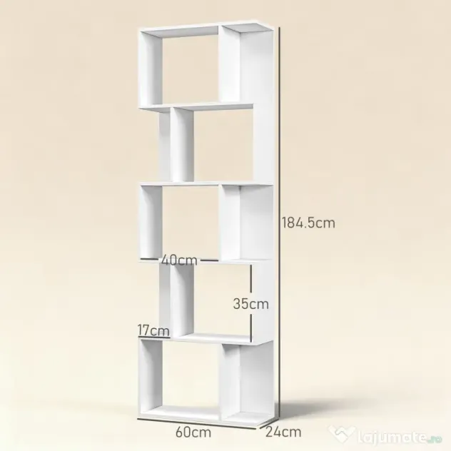 HOMCOM Raft pentru Cărți cu 5 Rafturi Separate, Bibliotecă în Formă de S din Lemn, 60x24x184,5 cm, Alb | Aosom Romania