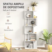 HOMCOM Raft pentru Cărți cu 5 Rafturi Separate, Bibliotecă în Formă de S din Lemn, 60x24x184,5 cm, Alb | Aosom Romania 