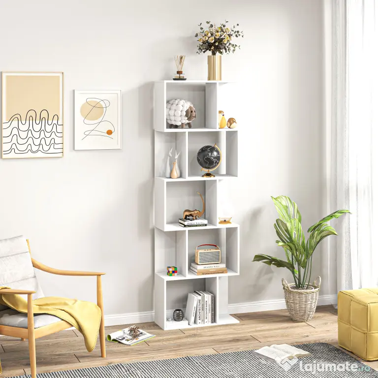 HOMCOM Raft pentru Cărți cu 5 Rafturi Separate, Bibliotecă în Formă de S din Lemn, 60x24x184,5 cm, Alb | Aosom Romania