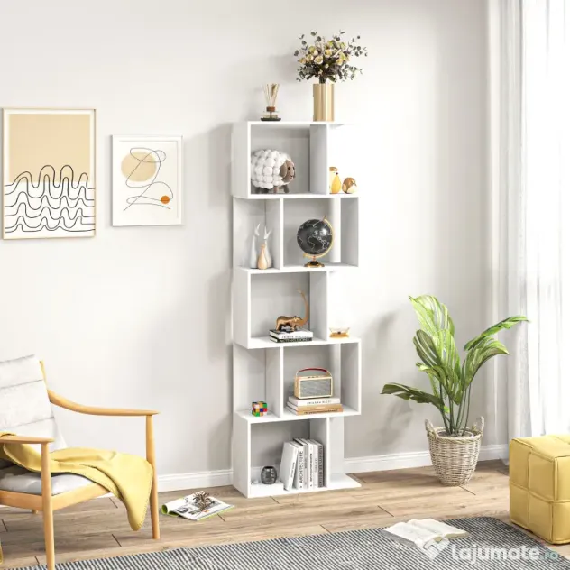HOMCOM Raft pentru Cărți cu 5 Rafturi Separate, Bibliotecă în Formă de S din Lemn, 60x24x184,5 cm, Alb | Aosom Romania