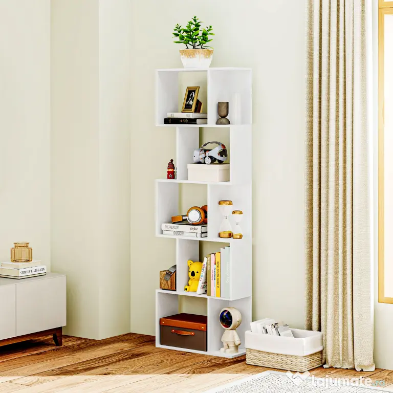 HOMCOM Raft pentru Cărți cu 5 Rafturi Separate, Bibliotecă în Formă de S din Lemn, 60x24x184,5 cm, Alb | Aosom Romania