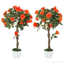 Outsunny Plantă artificială de trandafir cu 21 de flori, ghiveci umplut cu ciment și mușchi, Ø18x90 cm, portocalie