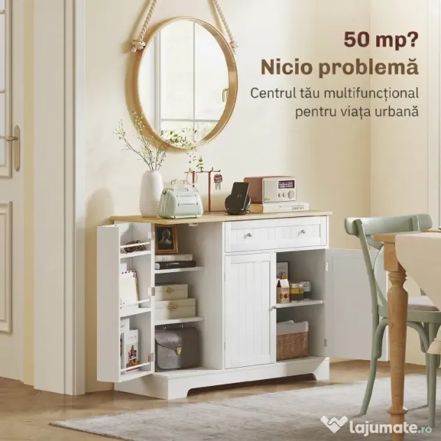 HOMCOM Comodă Modernă cu Spațiu de Depozitare, Bufet cu Sertar, Rafturi Reglabile, Mică Cămară de Bucătărie cu Rafturi Interioare, Alb | Aosom Romania