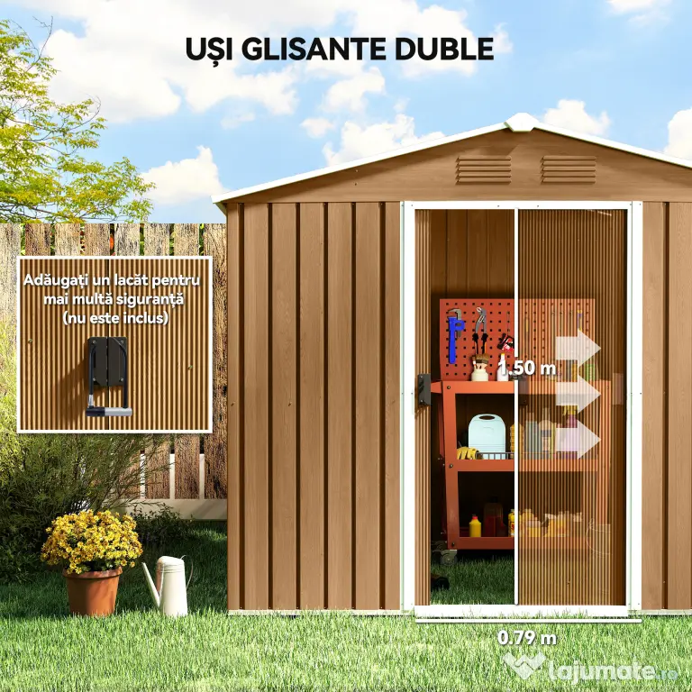 Outsunny Casută de Grădină, Magazie de Exterior pentru Unelte cu 2 Uși Culisante și 4 Prize de Aerisire, 236x174x190 cm, Gri | Aosom Romania
