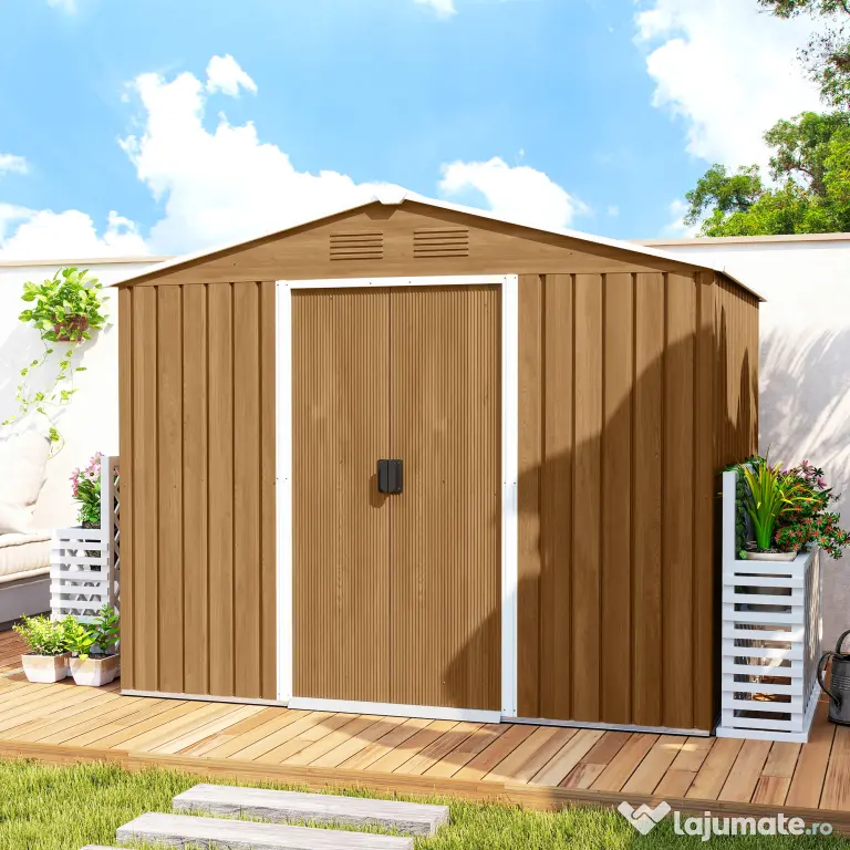 Outsunny Casută de Grădină, Magazie de Exterior pentru Unelte cu 2 Uși Culisante și 4 Prize de Aerisire, 236x174x190 cm, Gri | Aosom Romania