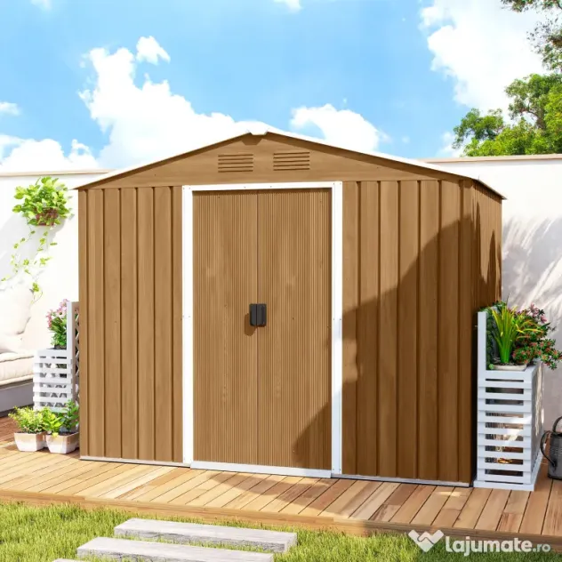 Outsunny Casută de Grădină, Magazie de Exterior pentru Unelte cu 2 Uși Culisante și 4 Prize de Aerisire, 236x174x190 cm, Gri | Aosom Romania