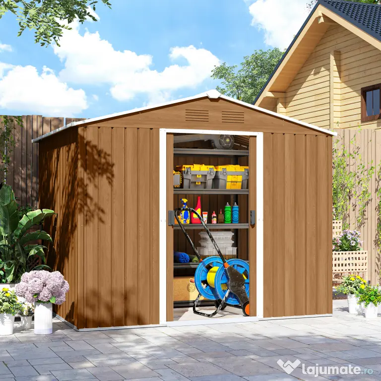 Outsunny Casută de Grădină, Magazie de Exterior pentru Unelte cu 2 Uși Culisante și 4 Prize de Aerisire, 236x174x190 cm, Gri | Aosom Romania