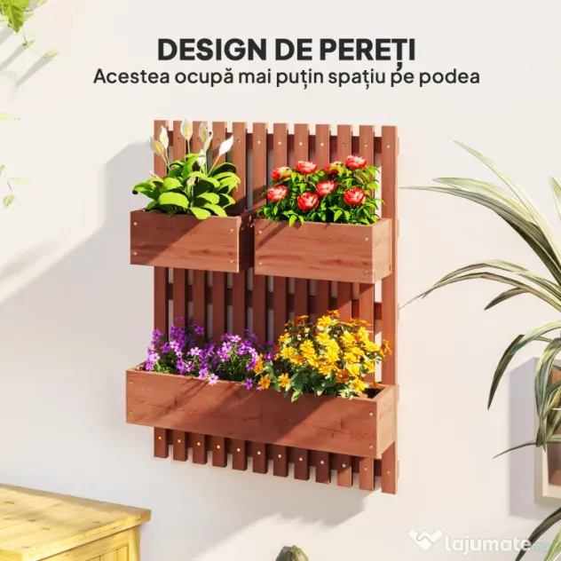 Outsunny Jardinieră Verticală cu Șipci și 3 Vase Detașabile, în Lemn de Brad, 60x16x80 cm, Maro | Aosom Romania