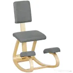 HOMCOM Scaun ergonomic tip genunchier balansant, din material textil cu efect de in și lemn de mesteacăn, 51x84x93 cm, gri