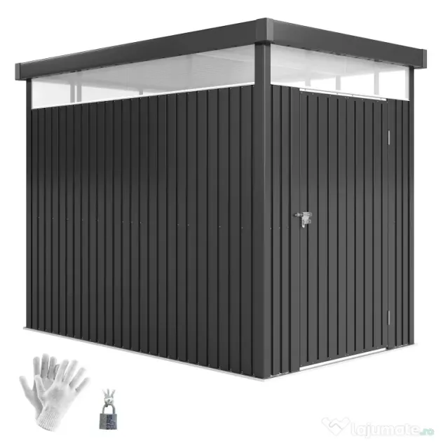 Outsunny Magazie de Grădină cu Luminator Superior din Acril și Orificii de Drenaj, 162x259x201 cm, Gri Închis | Aosom Romania