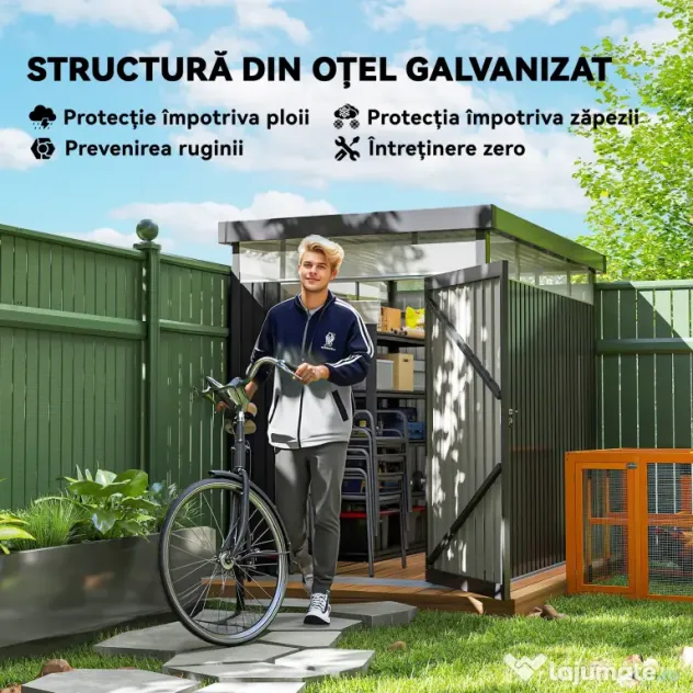 Outsunny Magazie de Grădină cu Luminator Superior din Acril și Orificii de Drenaj, 162x259x201 cm, Gri Închis | Aosom Romania