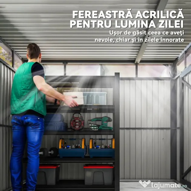 Outsunny Magazie de Grădină cu Luminator Superior din Acril și Orificii de Drenaj, 162x259x201 cm, Gri Închis | Aosom Romania