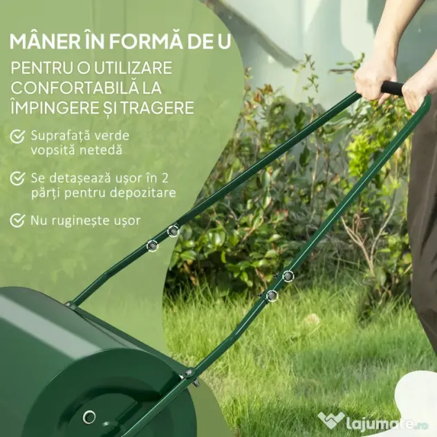 Outsunny Rola de Gazon 63L, cu Lamă Răzuitor, din Metal, 123x58x40 cm, Verde Închis