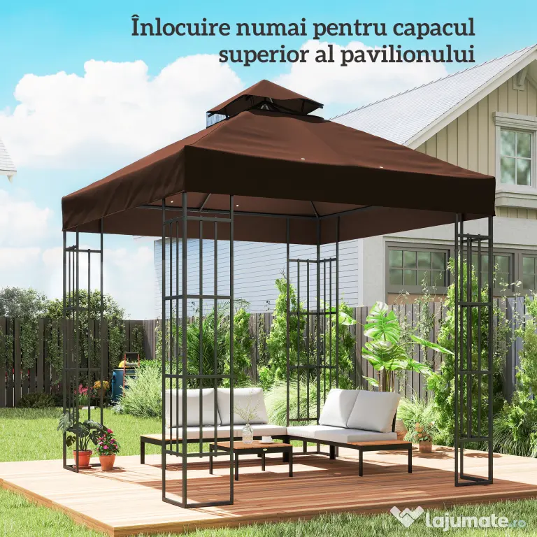 Outsunny Acoperiș de Schimb pentru Foișor 3x3 m cu 2 Niveluri pentru Grădină, Copertină Rezistentă la Apă din Țesătură Oxford 370g/㎡ Anti-UV 30+ cu Orificii de Drenaj, Cafeniu | Aosom Romania