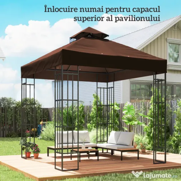 Outsunny Acoperiș de Schimb pentru Foișor 3x3 m cu 2 Niveluri pentru Grădină, Copertină Rezistentă la Apă din Țesătură Oxford 370g/㎡ Anti-UV 30+ cu Orificii de Drenaj, Cafeniu | Aosom Romania
