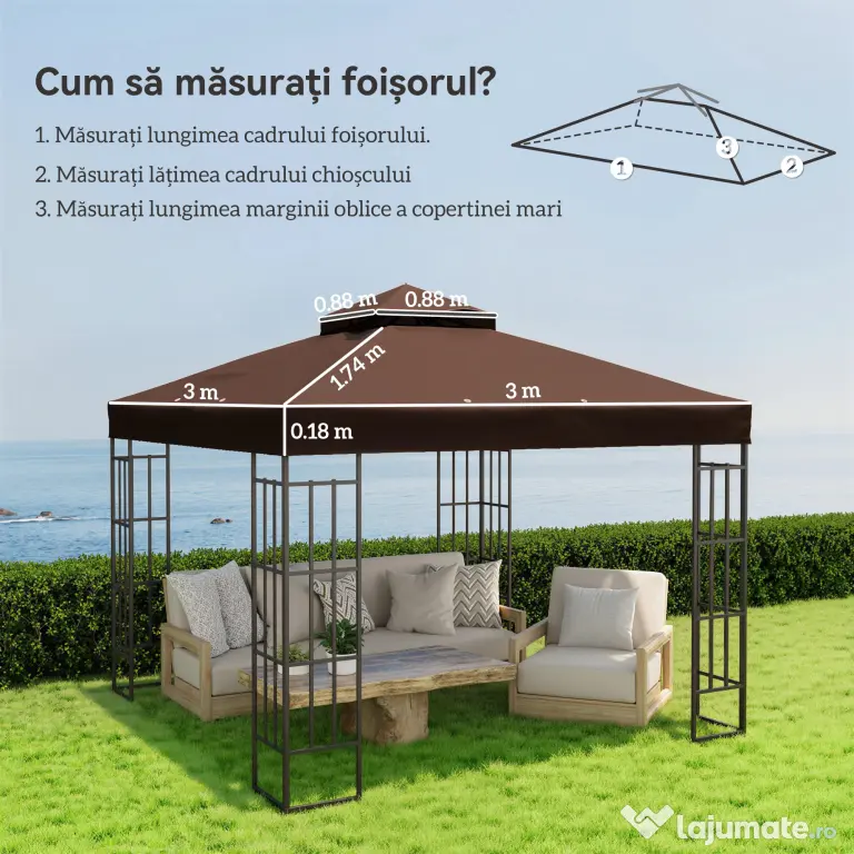 Outsunny Acoperiș de Schimb pentru Foișor 3x3 m cu 2 Niveluri pentru Grădină, Copertină Rezistentă la Apă din Țesătură Oxford 370g/㎡ Anti-UV 30+ cu Orificii de Drenaj, Cafeniu | Aosom Romania