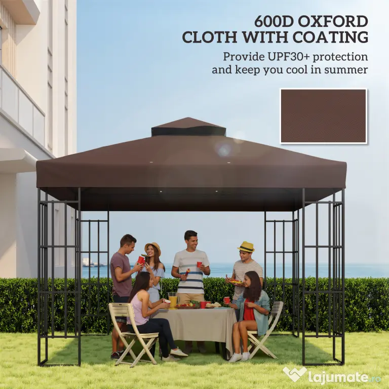 Outsunny Acoperiș de Schimb pentru Foișor 3x3 m cu 2 Niveluri pentru Grădină, Copertină Rezistentă la Apă din Țesătură Oxford 370g/㎡ Anti-UV 30+ cu Orificii de Drenaj, Cafeniu | Aosom Romania