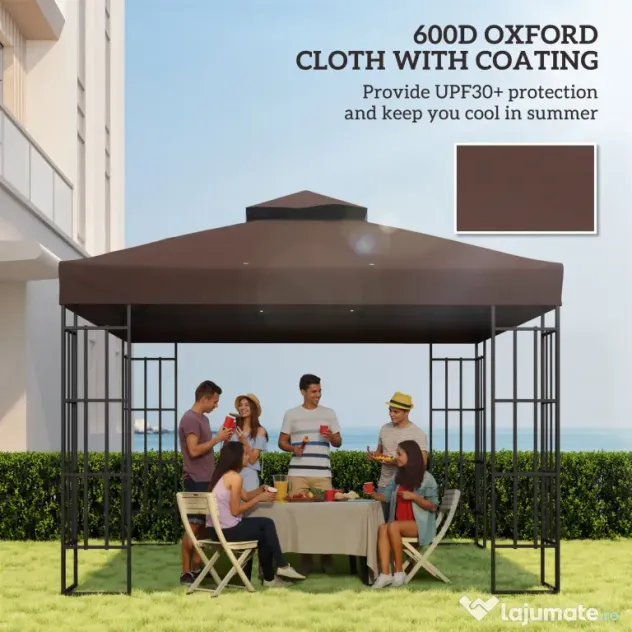 Outsunny Acoperiș de Schimb pentru Foișor 3x3 m cu 2 Niveluri pentru Grădină, Copertină Rezistentă la Apă din Țesătură Oxford 370g/㎡ Anti-UV 30+ cu Orificii de Drenaj, Cafeniu | Aosom Romania