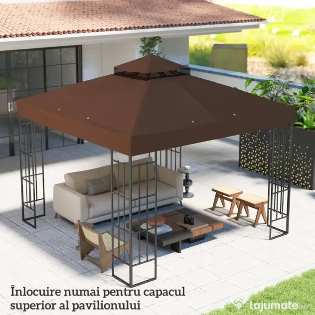 Outsunny Acoperiș de Schimb pentru Foișor 3x3 m cu 2 Niveluri pentru Grădină, Copertină Rezistentă la Apă din Țesătură Oxford 370g/㎡ Anti-UV 30+ cu Orificii de Drenaj, Cafeniu | Aosom Romania