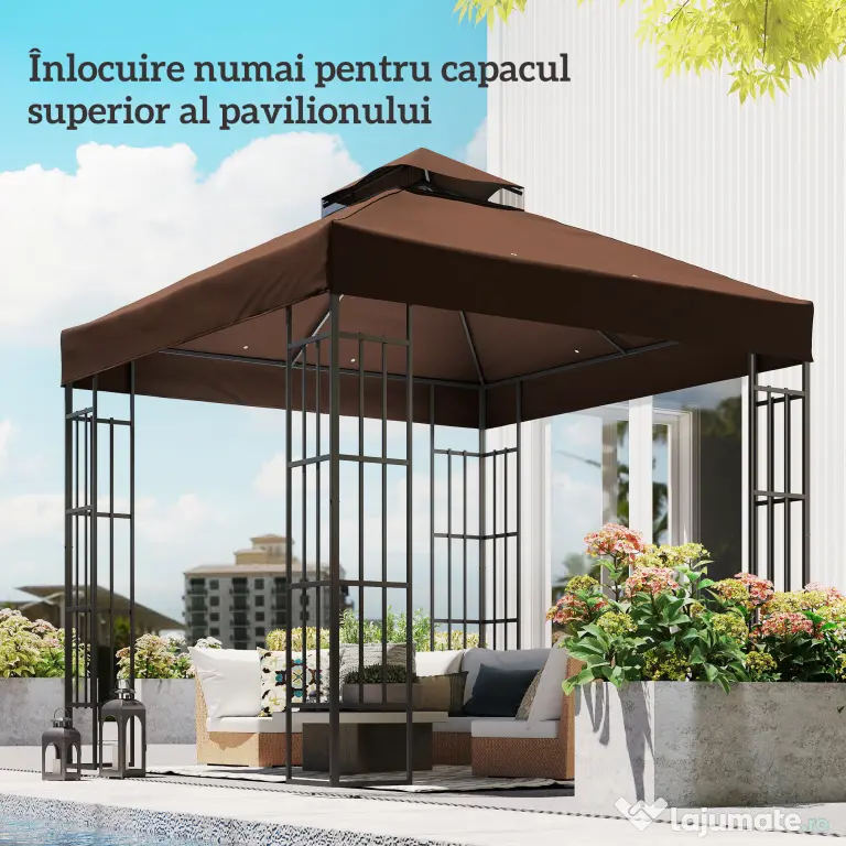 Outsunny Acoperiș de Schimb pentru Foișor 3x3 m cu 2 Niveluri pentru Grădină, Copertină Rezistentă la Apă din Țesătură Oxford 370g/㎡ Anti-UV 30+ cu Orificii de Drenaj, Cafeniu | Aosom Romania