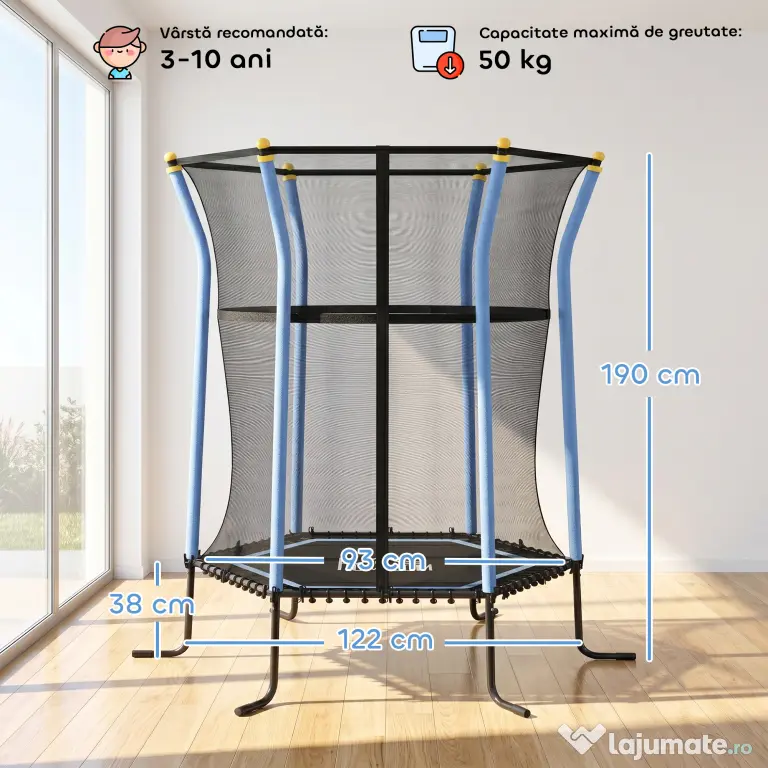 HOMCOM Trambulină Elastică pentru Copii 3-10 Ani cu Intrare cu Fermoar și Țevi Căptușite, Ø163,5x190 cm, Albastru | Aosom Romania