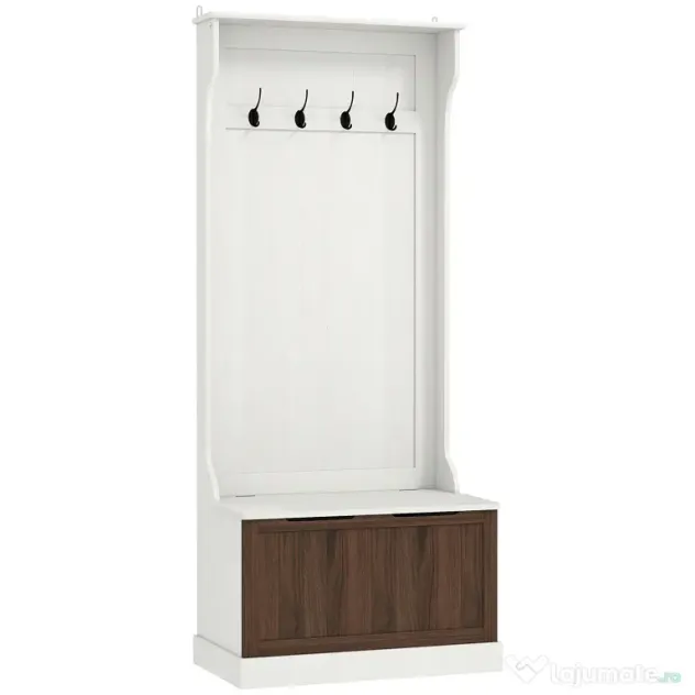 HOMCOM Cuier de Intrare 3 în 1 cu 4 Cârlige, Etajeră pentru Pantofi și Bancă Depozitare, 71,5x39,5x170 cm, Maro | Aosom Romania