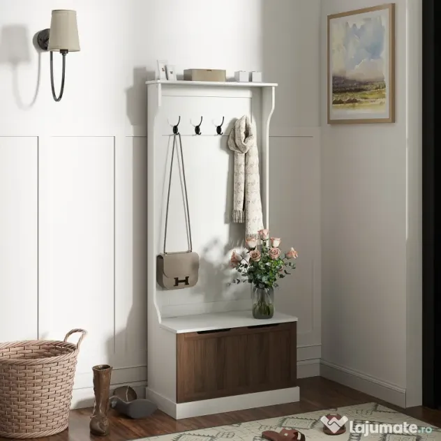 HOMCOM Cuier de Intrare 3 în 1 cu 4 Cârlige, Etajeră pentru Pantofi și Bancă Depozitare, 71,5x39,5x170 cm, Maro | Aosom Romania