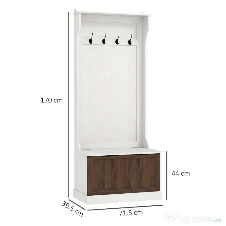 HOMCOM Cuier de Intrare 3 în 1 cu 4 Cârlige, Etajeră pentru Pantofi și Bancă Depozitare, 71,5x39,5x170 cm, Maro | Aosom Romania