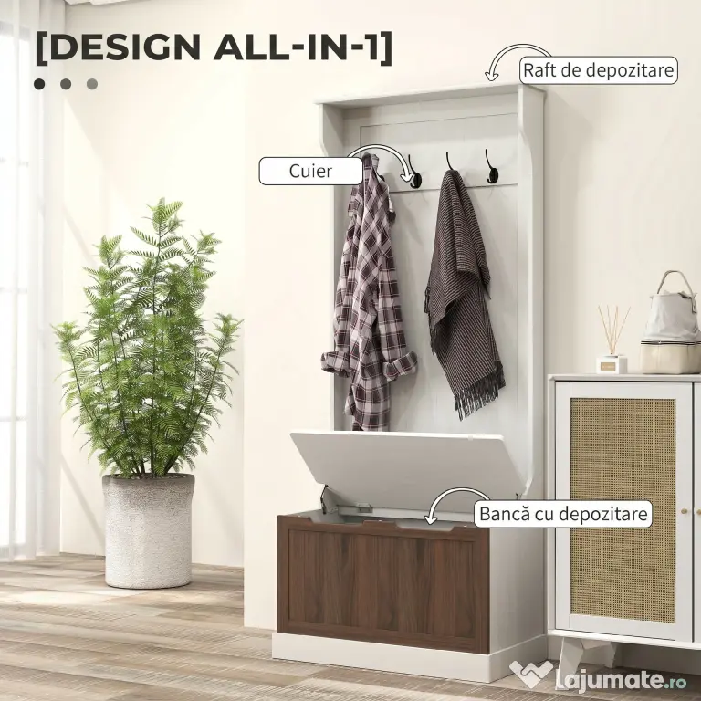 HOMCOM Cuier de Intrare 3 în 1 cu 4 Cârlige, Etajeră pentru Pantofi și Bancă Depozitare, 71,5x39,5x170 cm, Maro | Aosom Romania