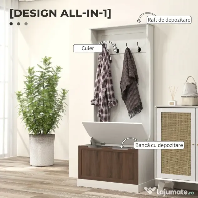 HOMCOM Cuier de Intrare 3 în 1 cu 4 Cârlige, Etajeră pentru Pantofi și Bancă Depozitare, 71,5x39,5x170 cm, Maro | Aosom Romania