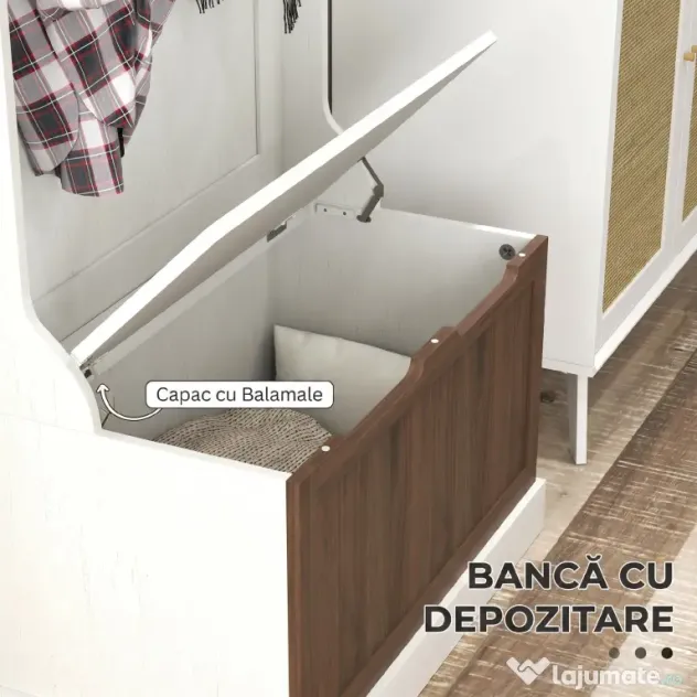 HOMCOM Cuier de Intrare 3 în 1 cu 4 Cârlige, Etajeră pentru Pantofi și Bancă Depozitare, 71,5x39,5x170 cm, Maro | Aosom Romania