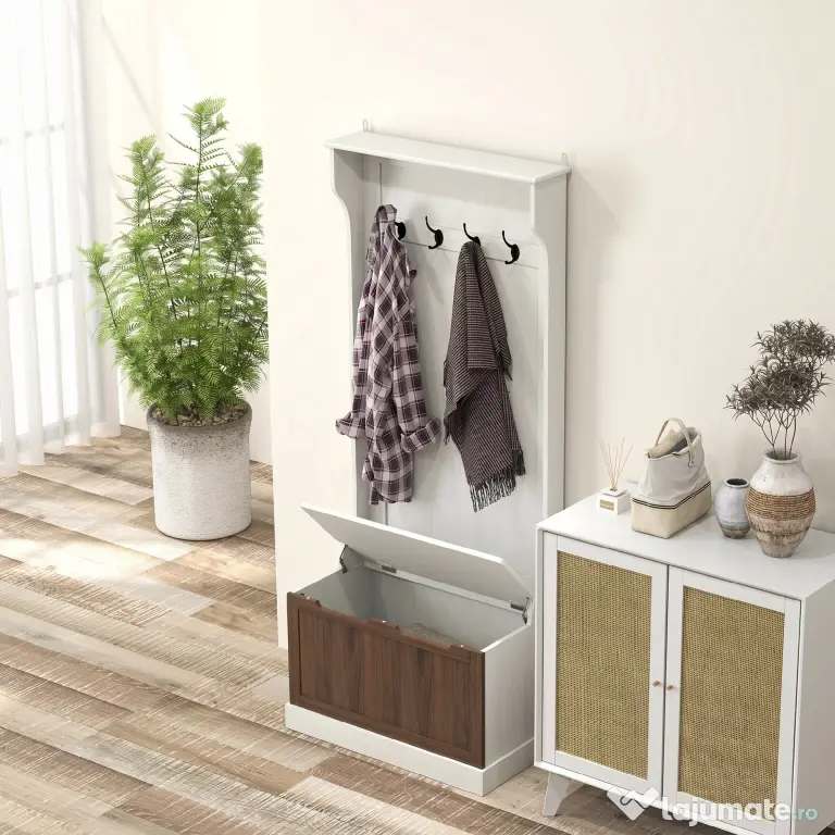 HOMCOM Cuier de Intrare 3 în 1 cu 4 Cârlige, Etajeră pentru Pantofi și Bancă Depozitare, 71,5x39,5x170 cm, Maro | Aosom Romania